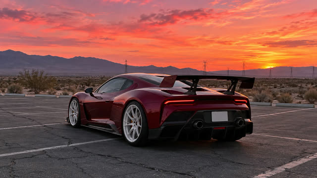 Photo 2: an AI-generated dark red supercar with no badges in an empty parking lot