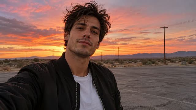 Photo 1: an AI-generated man in a black bomber jacket at sunset