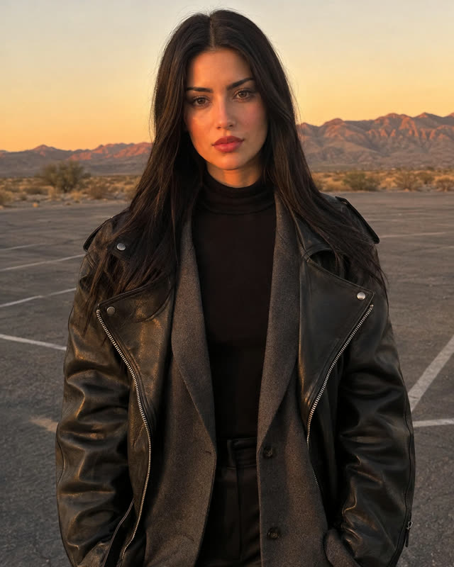 Photo 1: an AI-generated woman in a black leather jacket at sunset